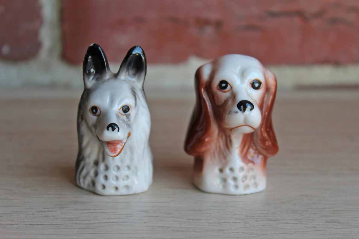 Porcelain German Shepherd and Spaniel Dog Head Thimbles, A Pair
