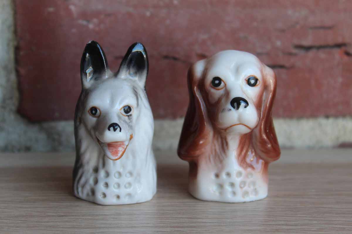 Porcelain German Shepherd and Spaniel Dog Head Thimbles, A Pair