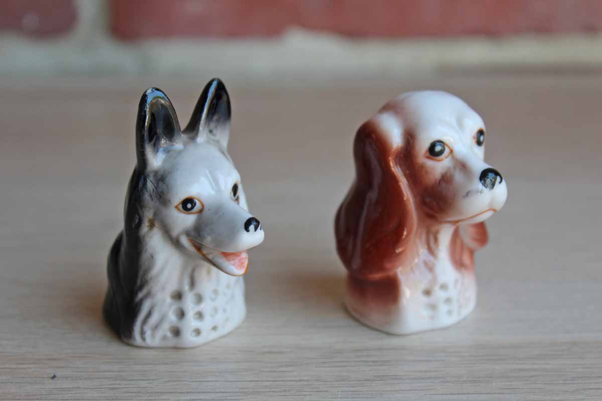 Porcelain German Shepherd and Spaniel Dog Head Thimbles, A Pair