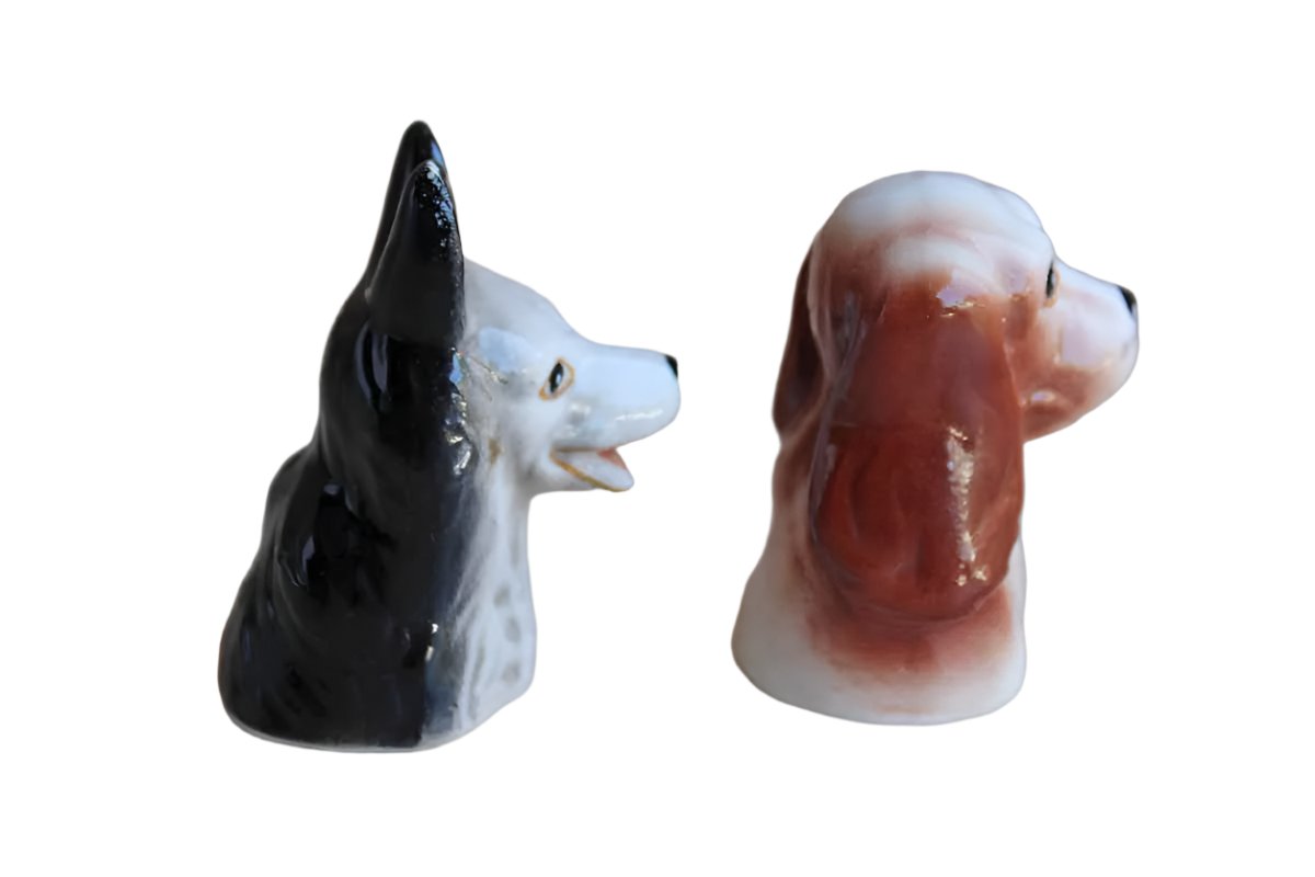 Porcelain German Shepherd and Spaniel Dog Head Thimbles, A Pair