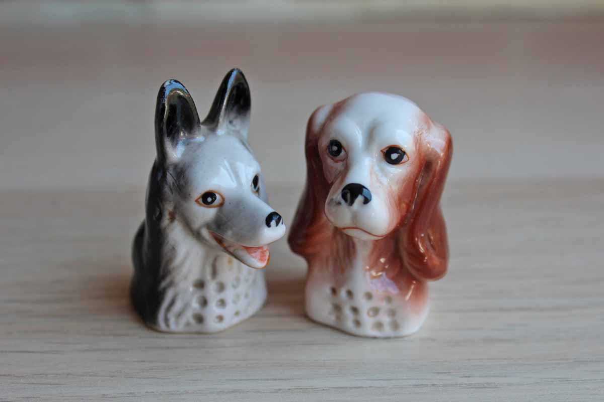 Porcelain German Shepherd and Spaniel Dog Head Thimbles, A Pair