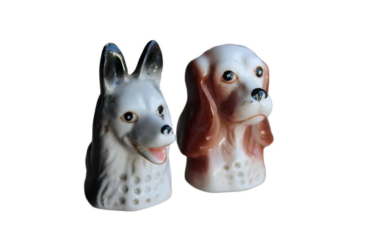 Porcelain German Shepherd and Spaniel Dog Head Thimbles, A Pair