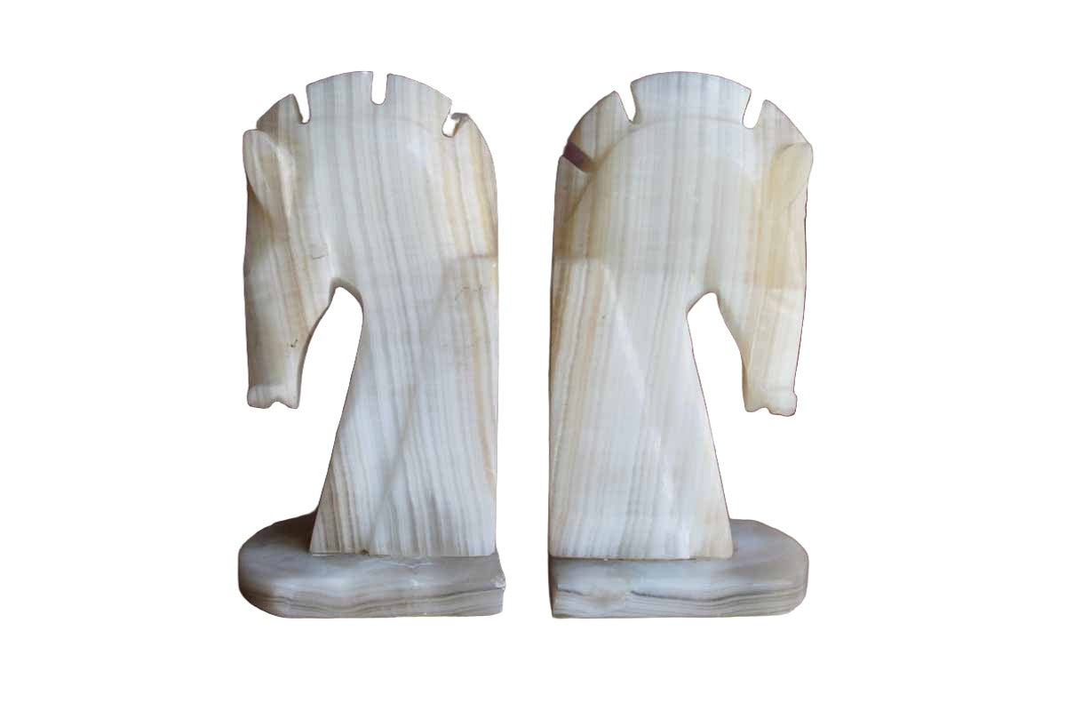 Carved Light Alabaster Horsehead Bookends, A Pair