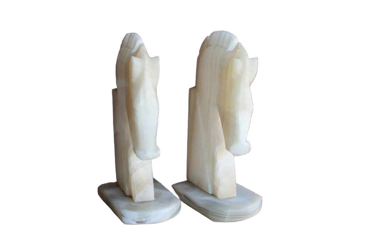 Carved Light Alabaster Horsehead Bookends, A Pair