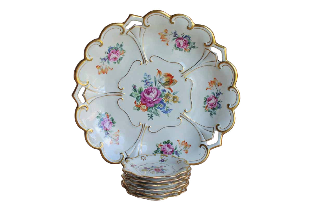 Graf Von Henneberg (Germany) Floral Gold Trimmed Porcelain Dessert Tray with Six Little Plates from Eschenbach (Bavaria)