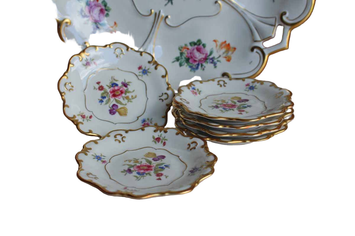 Graf Von Henneberg (Germany) Floral Gold Trimmed Porcelain Dessert Tray with Six Little Plates from Eschenbach (Bavaria)