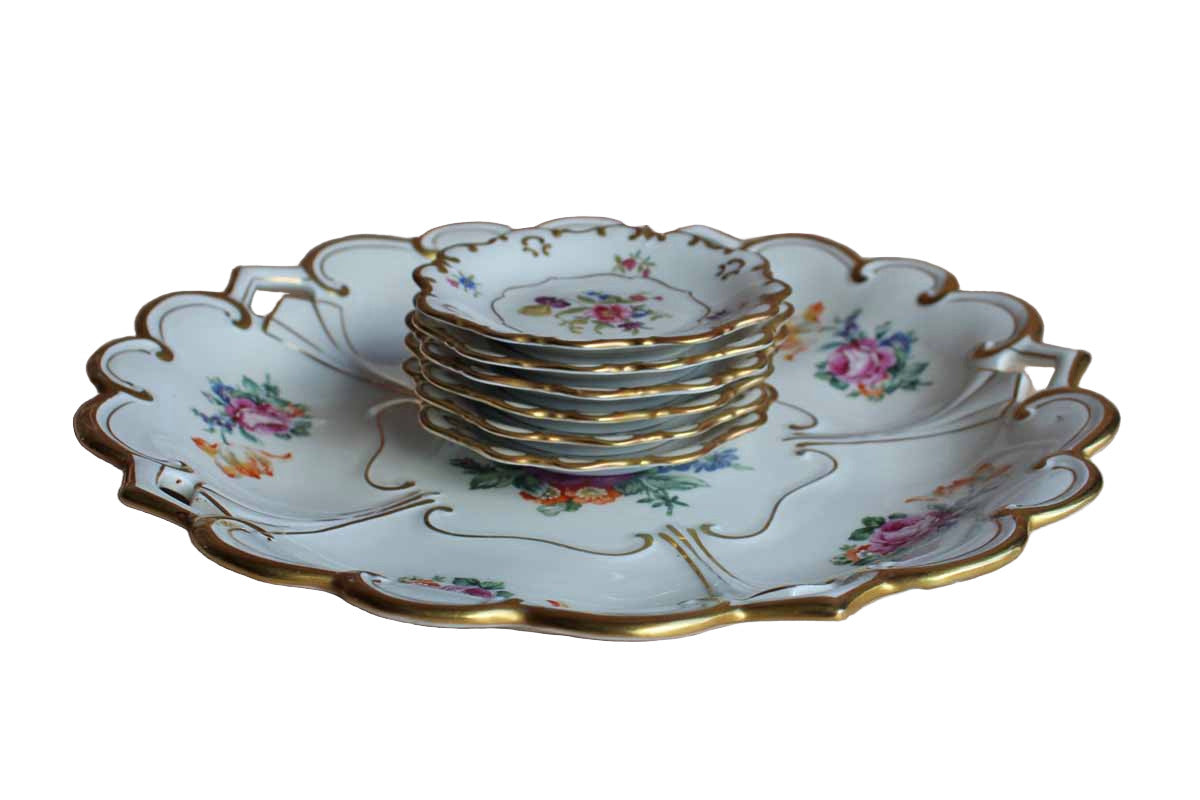 Graf Von Henneberg (Germany) Floral Gold Trimmed Porcelain Dessert Tray with Six Little Plates from Eschenbach (Bavaria)