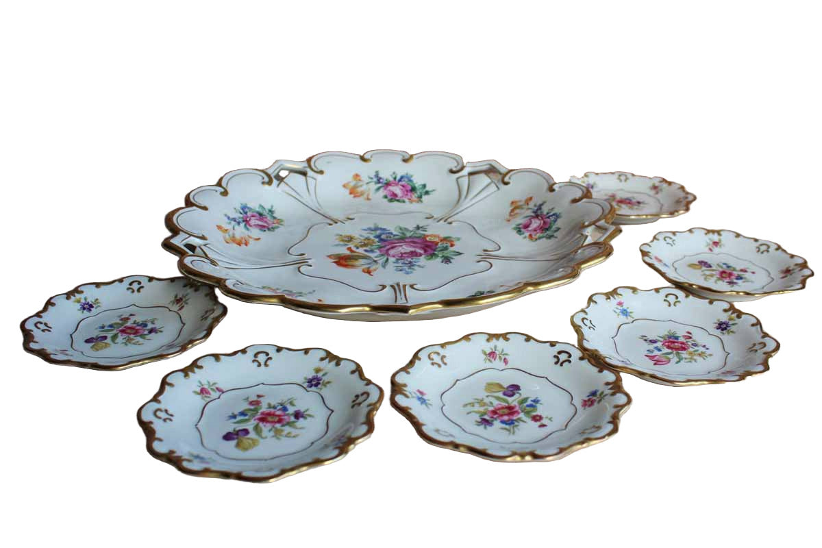 Graf Von Henneberg (Germany) Floral Gold Trimmed Porcelain Dessert Tray with Six Little Plates from Eschenbach (Bavaria)