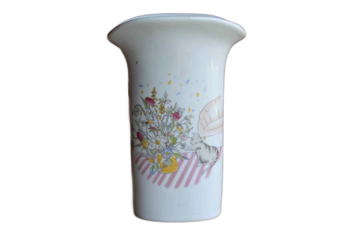 Glossy White Ceramic Vase with Image of a Cat Swatting at a Flower Bouquet