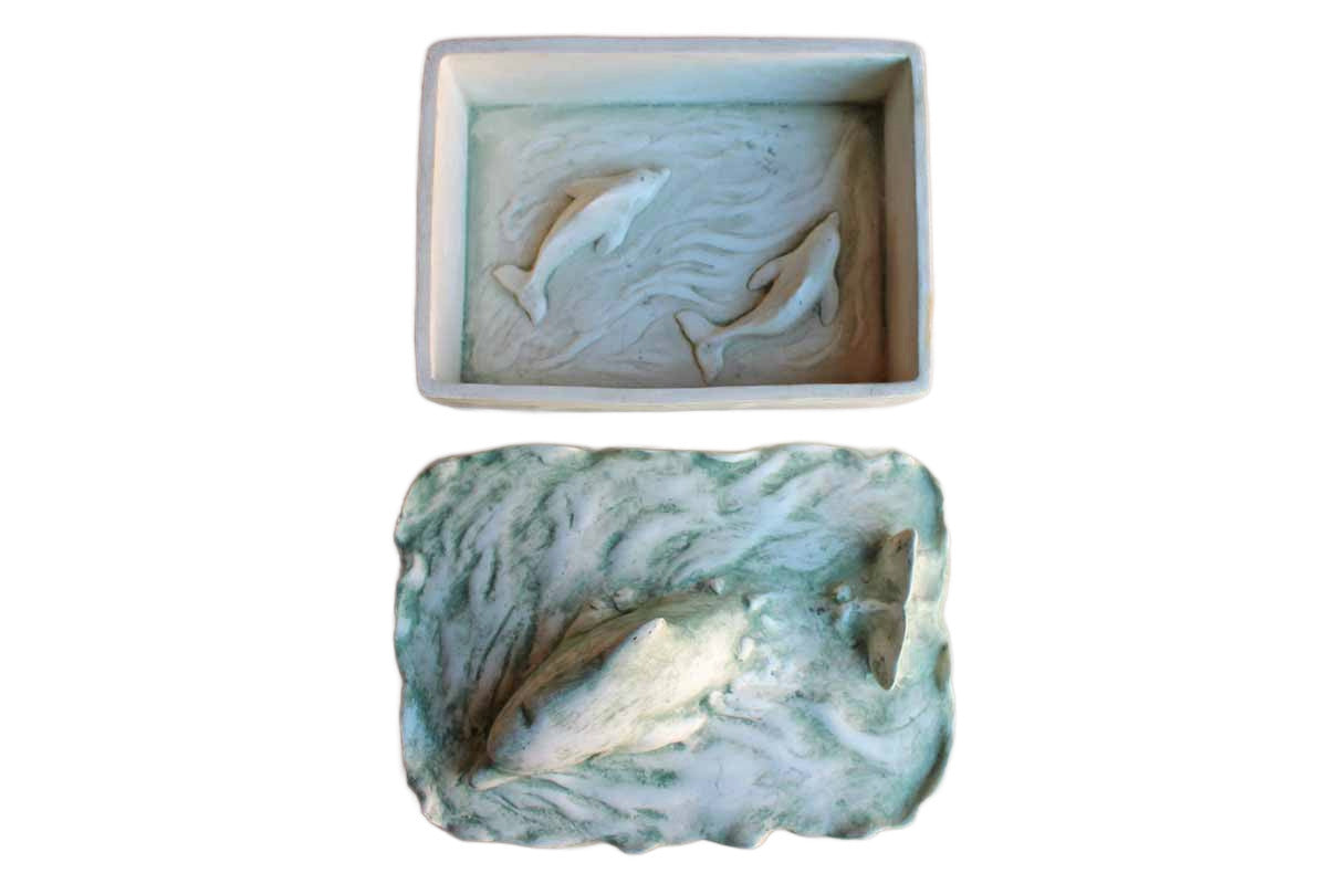 HenFeathers Collection Cast Resin Dolphin Lidded Box with Dolphins Swimming on the Inside
