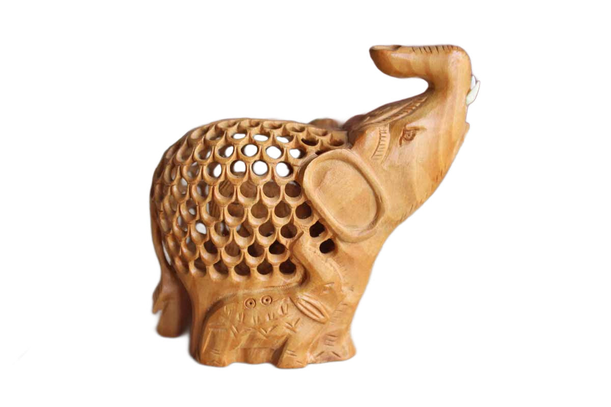 Hand Carved Indian Jali Openwork Mother Elephant With Baby Inside Kadam Wood Figurine
