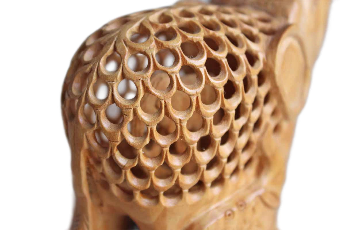 Hand Carved Indian Jali Openwork Mother Elephant With Baby Inside Kadam Wood Figurine