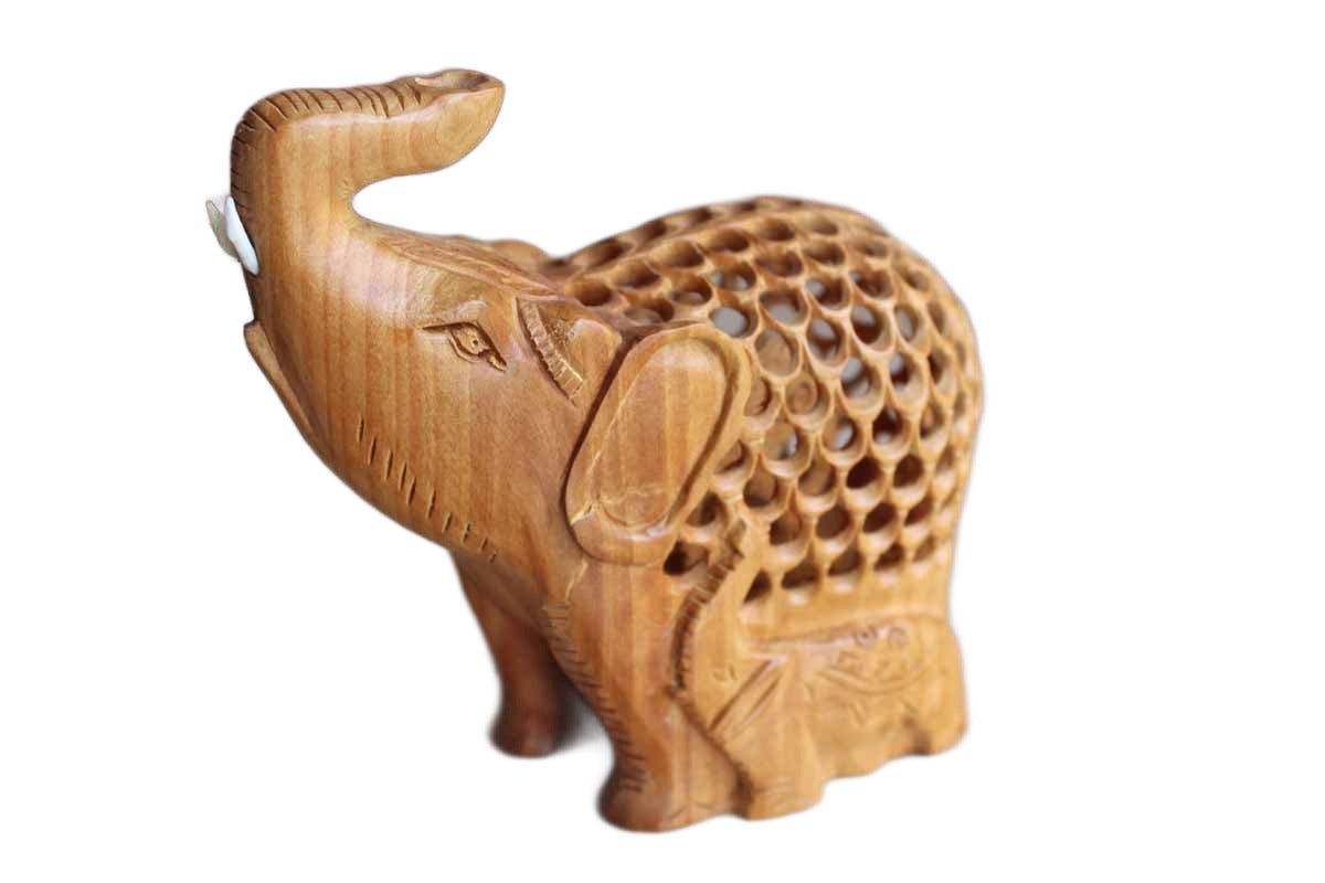 Hand Carved Indian Jali Openwork Mother Elephant With Baby Inside Kadam Wood Figurine