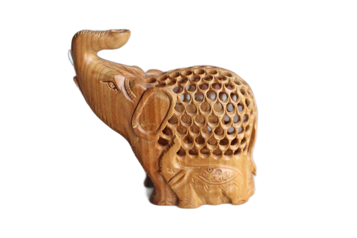 Hand Carved Indian Jali Openwork Mother Elephant With Baby Inside Kadam Wood Figurine