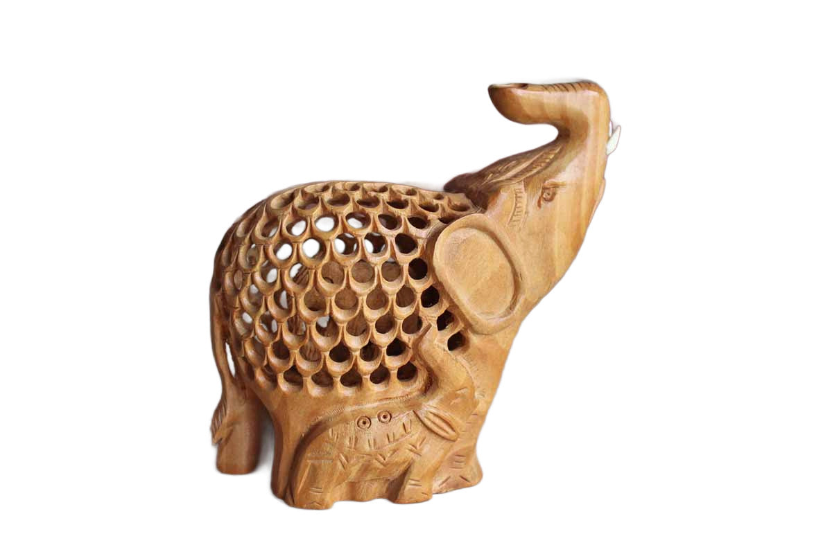 Hand Carved Indian Jali Openwork Mother Elephant With Baby Inside Kadam Wood Figurine