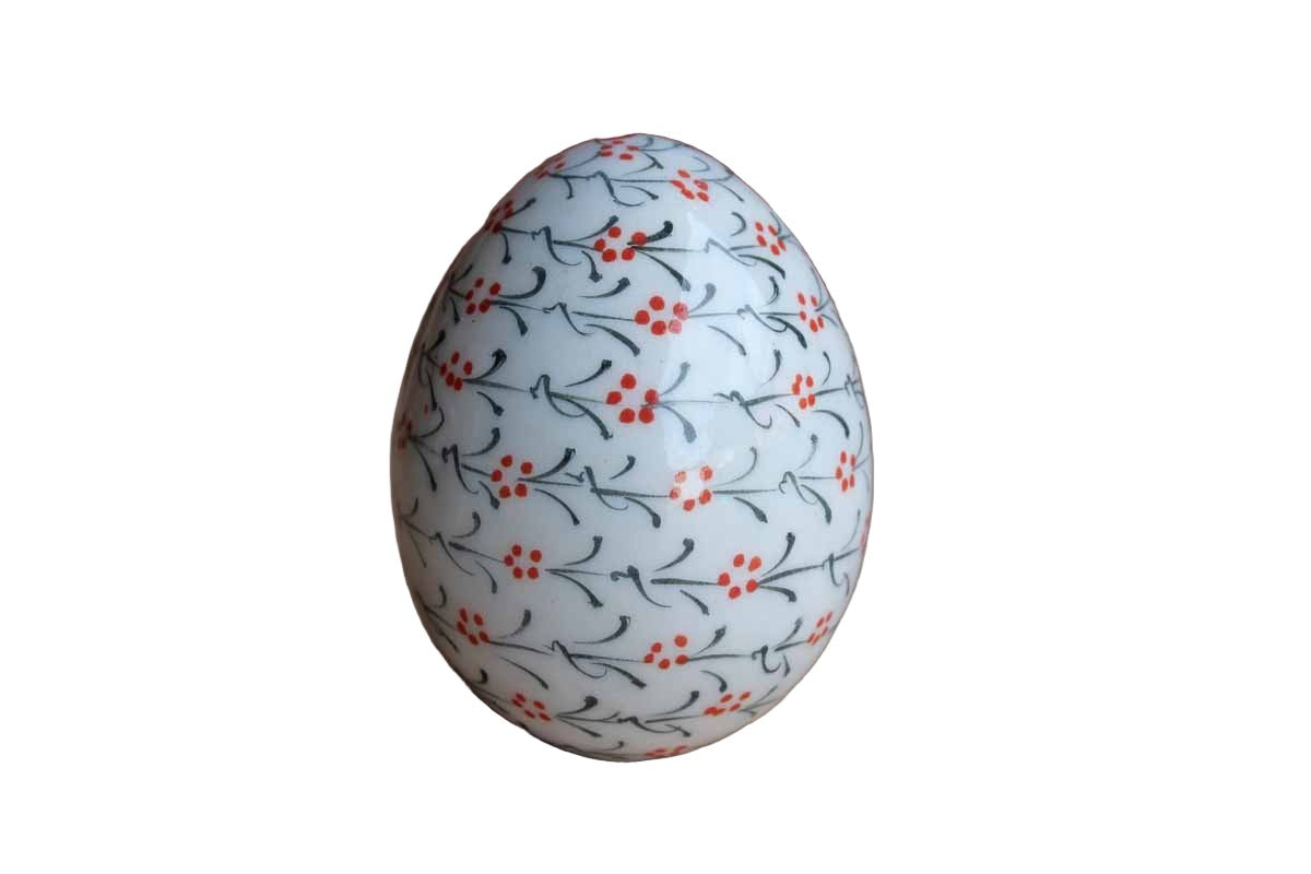Hand-Painted Ceramic Egg with Repeating Red and Green Flower Pattern