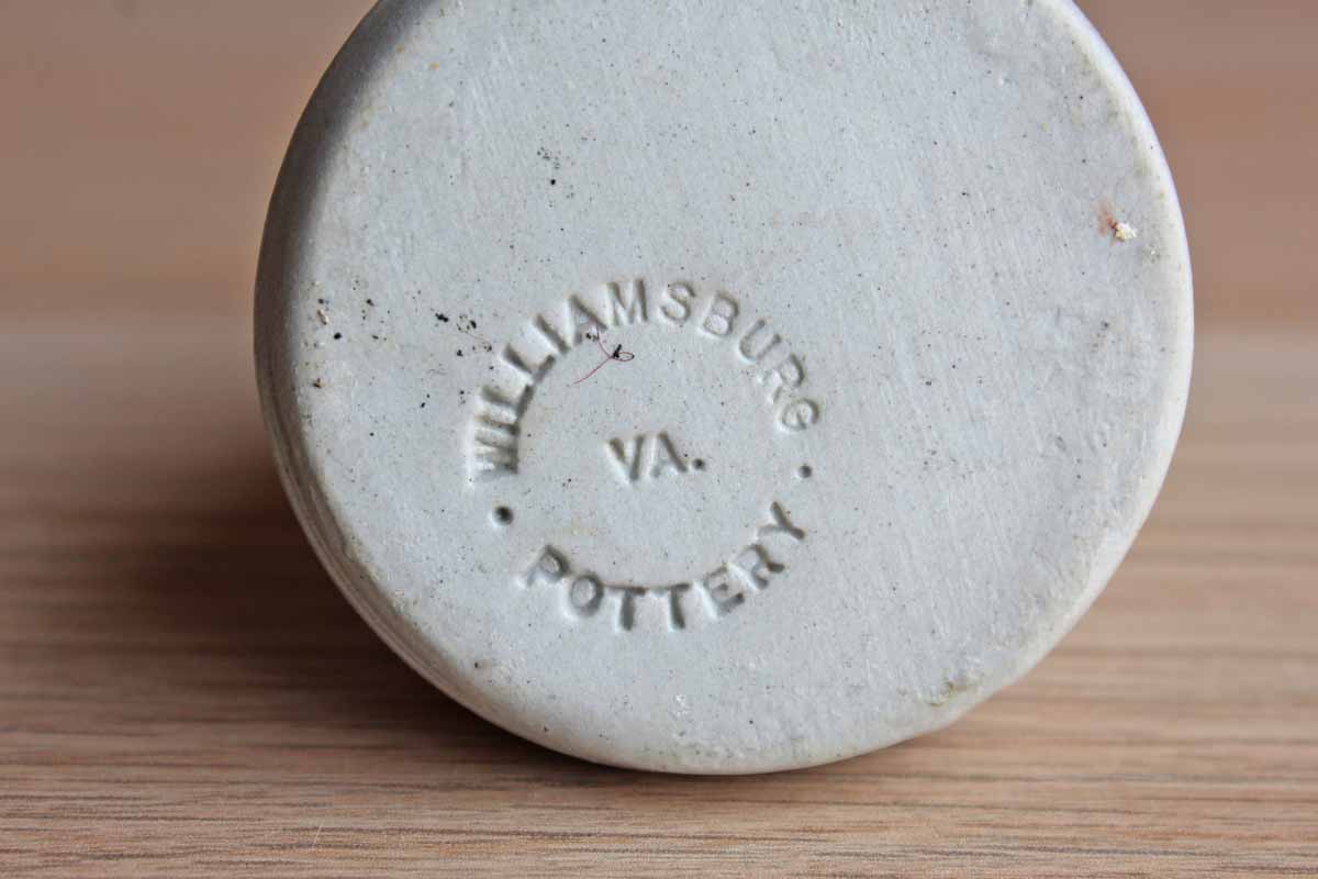 Williamsburg Pottery (Virginia, USA) Salt Glazed Stoneware Bud Vase with Primitive Blue Leaf