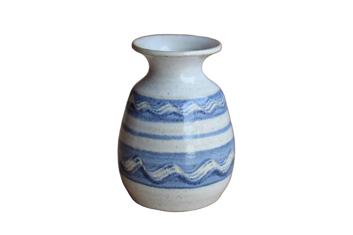 Ceramic Gray and Blue Bud Vase with Wavy Designs within Blue Stripes