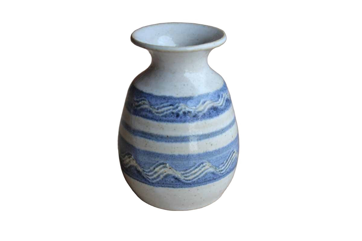 Ceramic Gray and Blue Bud Vase with Wavy Designs within Blue Stripes