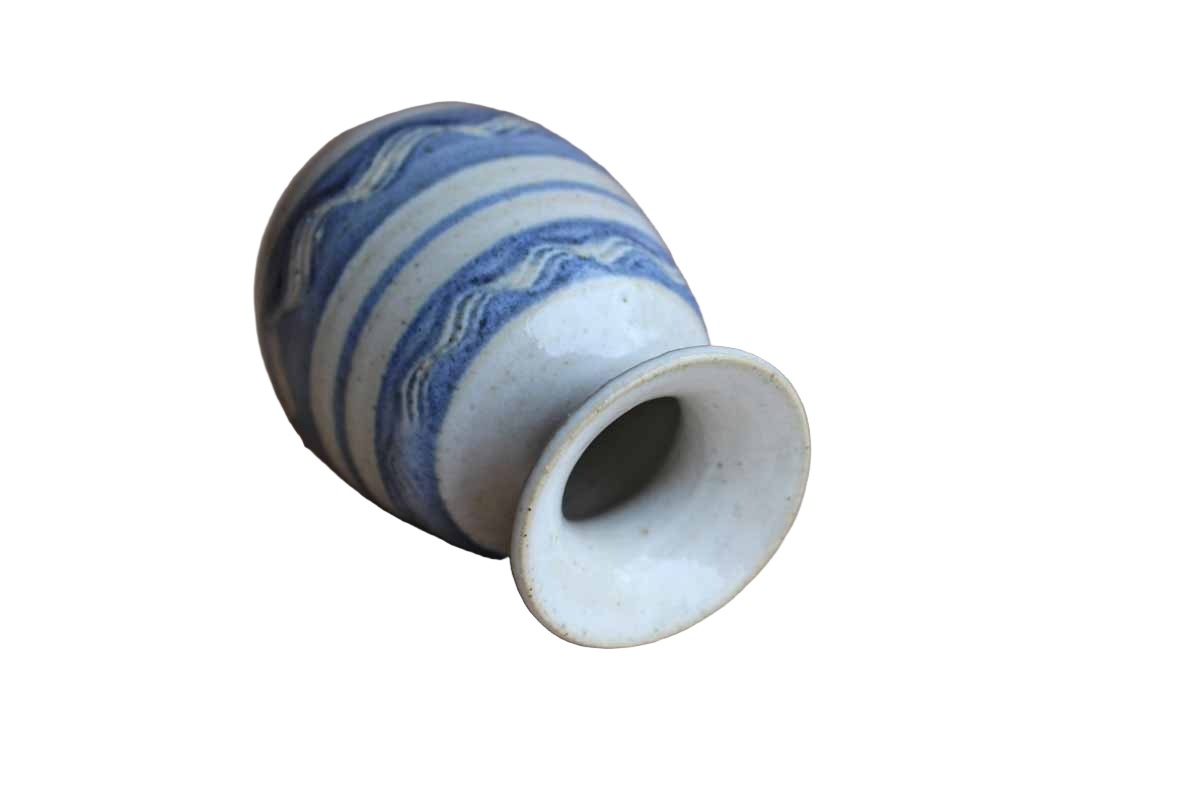 Ceramic Gray and Blue Bud Vase with Wavy Designs within Blue Stripes