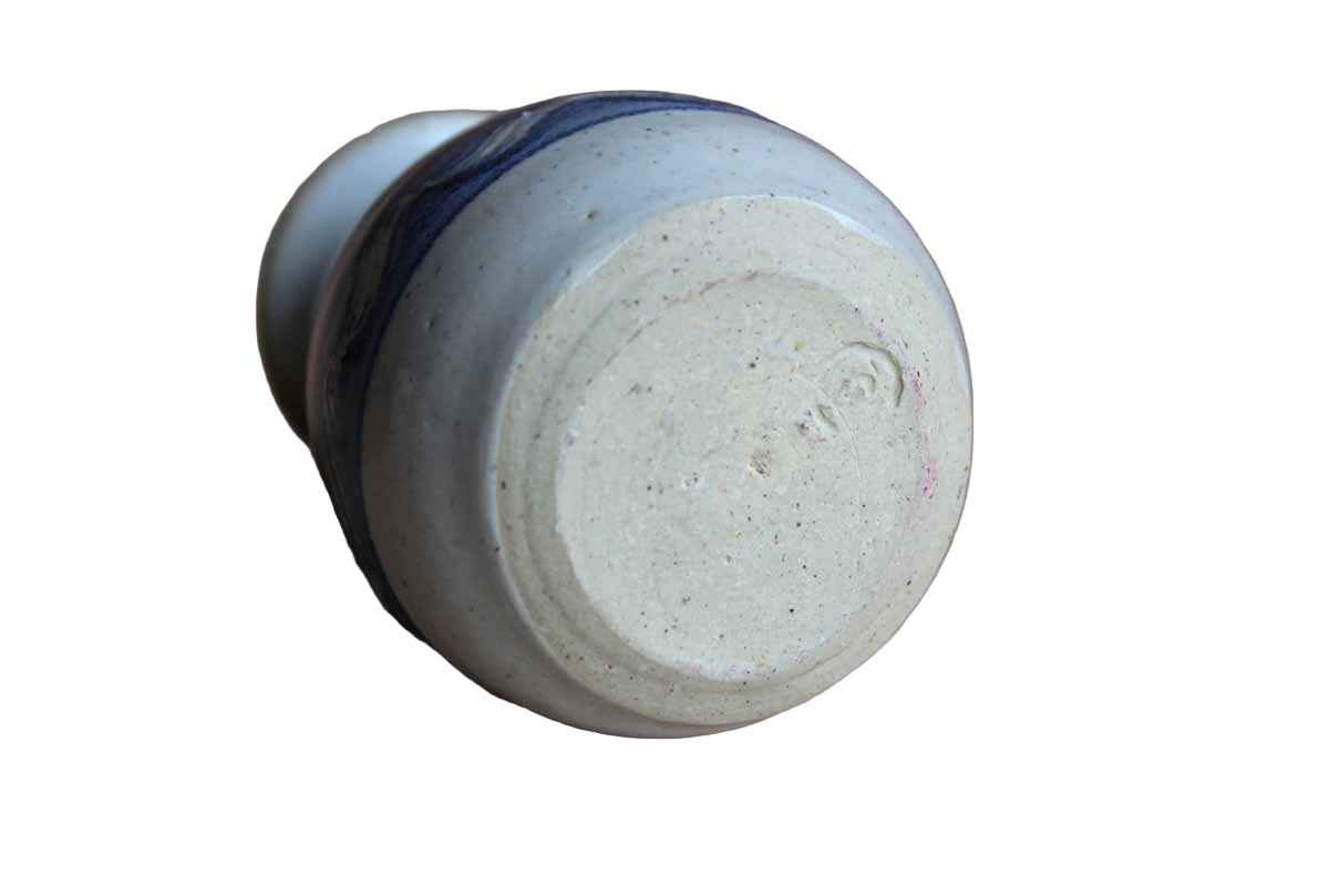 Ceramic Gray and Blue Bud Vase with Wavy Designs within Blue Stripes