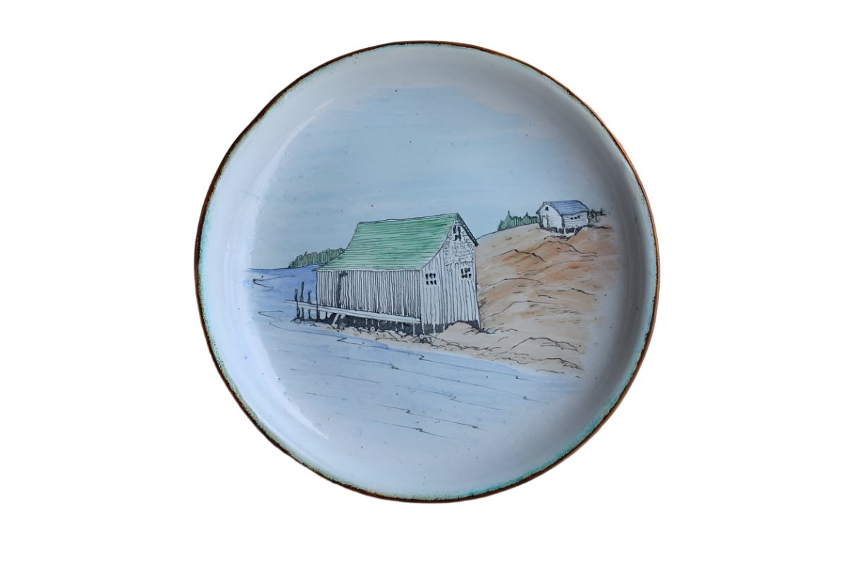 Hand-Painted Small Metal Plates with Nova Scotia Lighthouse and Fishing Shack, A Pair