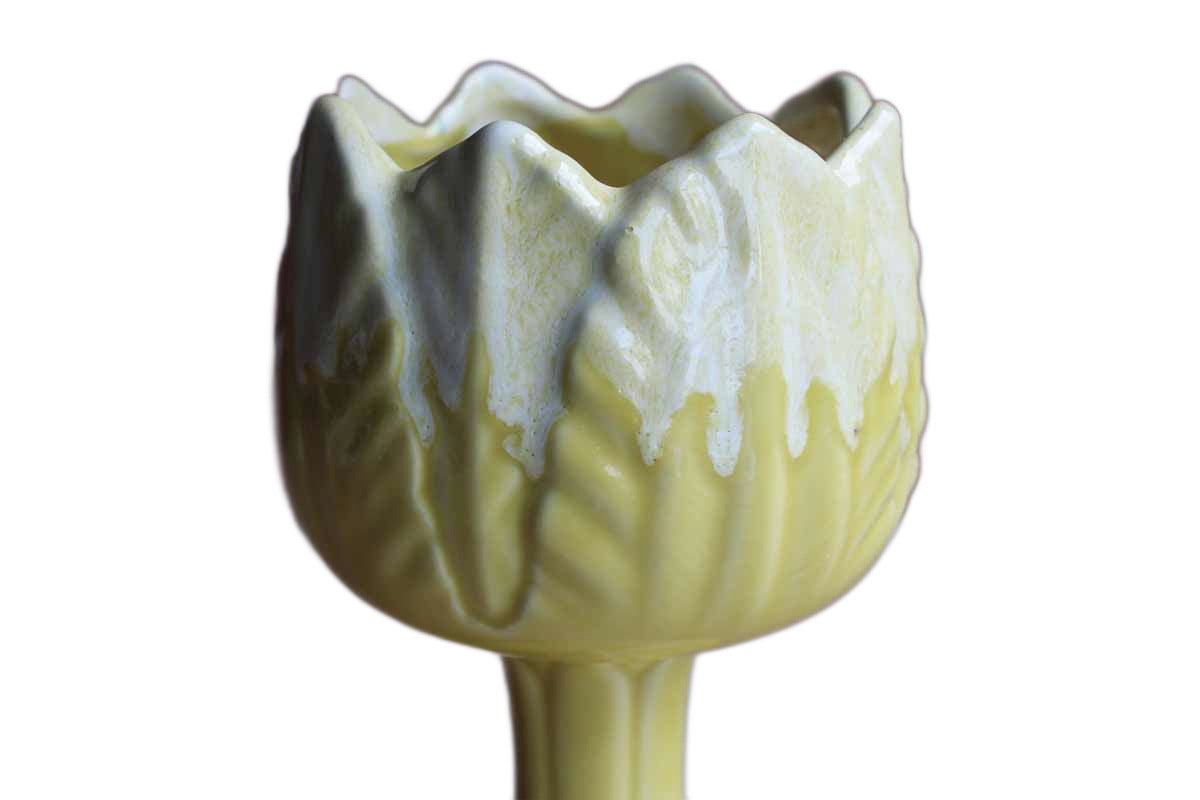 Yellow Glazed Pedestal Planter with Embossed Leaf Detailing