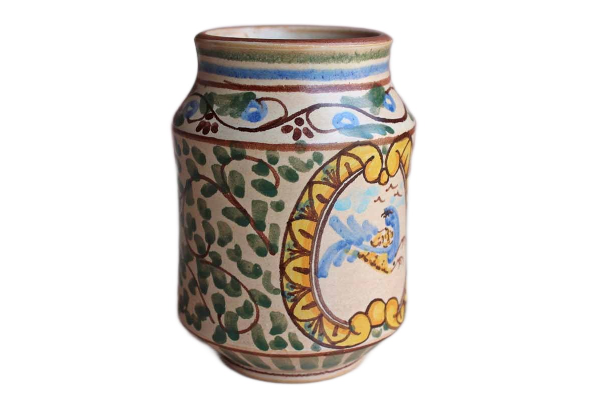 Ceramic Pencil Cup Decorated with Hand-Painted Scrolling Vines and Blue Bird Inside a Cameo