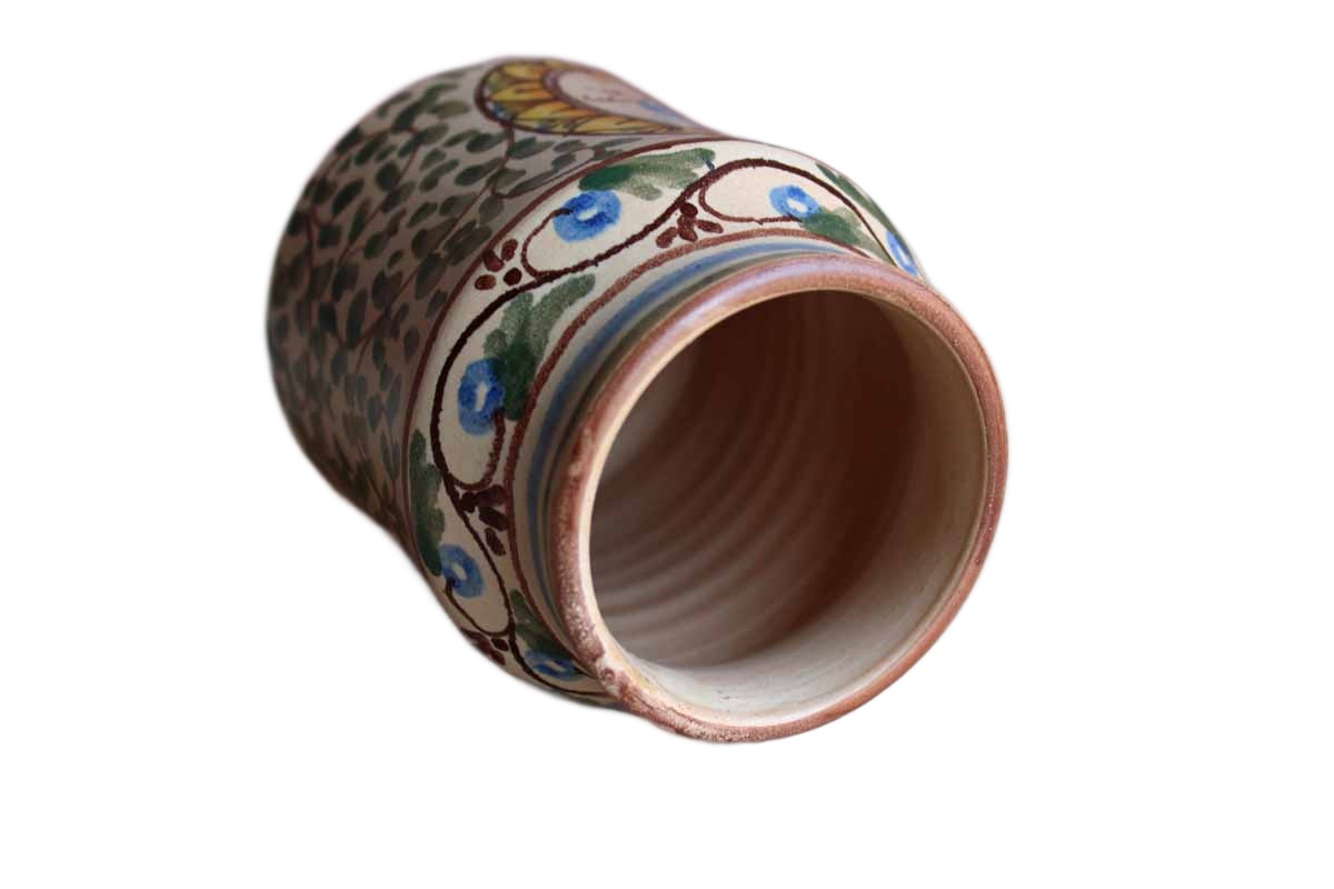 Ceramic Pencil Cup Decorated with Hand-Painted Scrolling Vines and Blue Bird Inside a Cameo