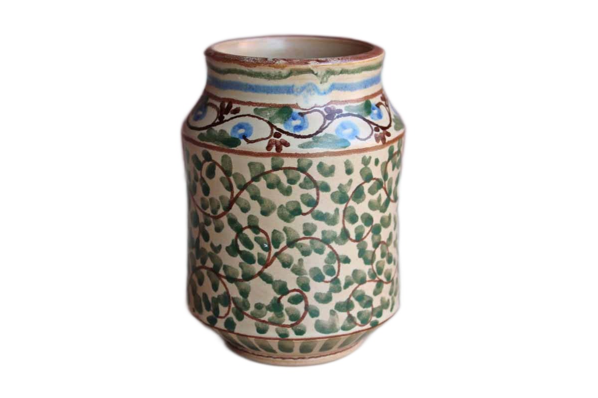 Ceramic Pencil Cup Decorated with Hand-Painted Scrolling Vines and Blue Bird Inside a Cameo