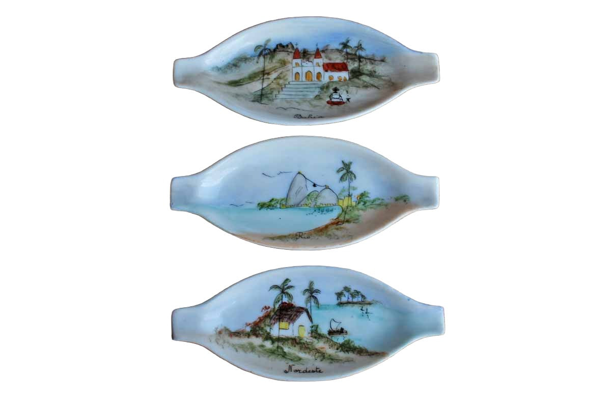 Small Ceramic Dishes with Hand Painted Tropical Scenes, Set of 3