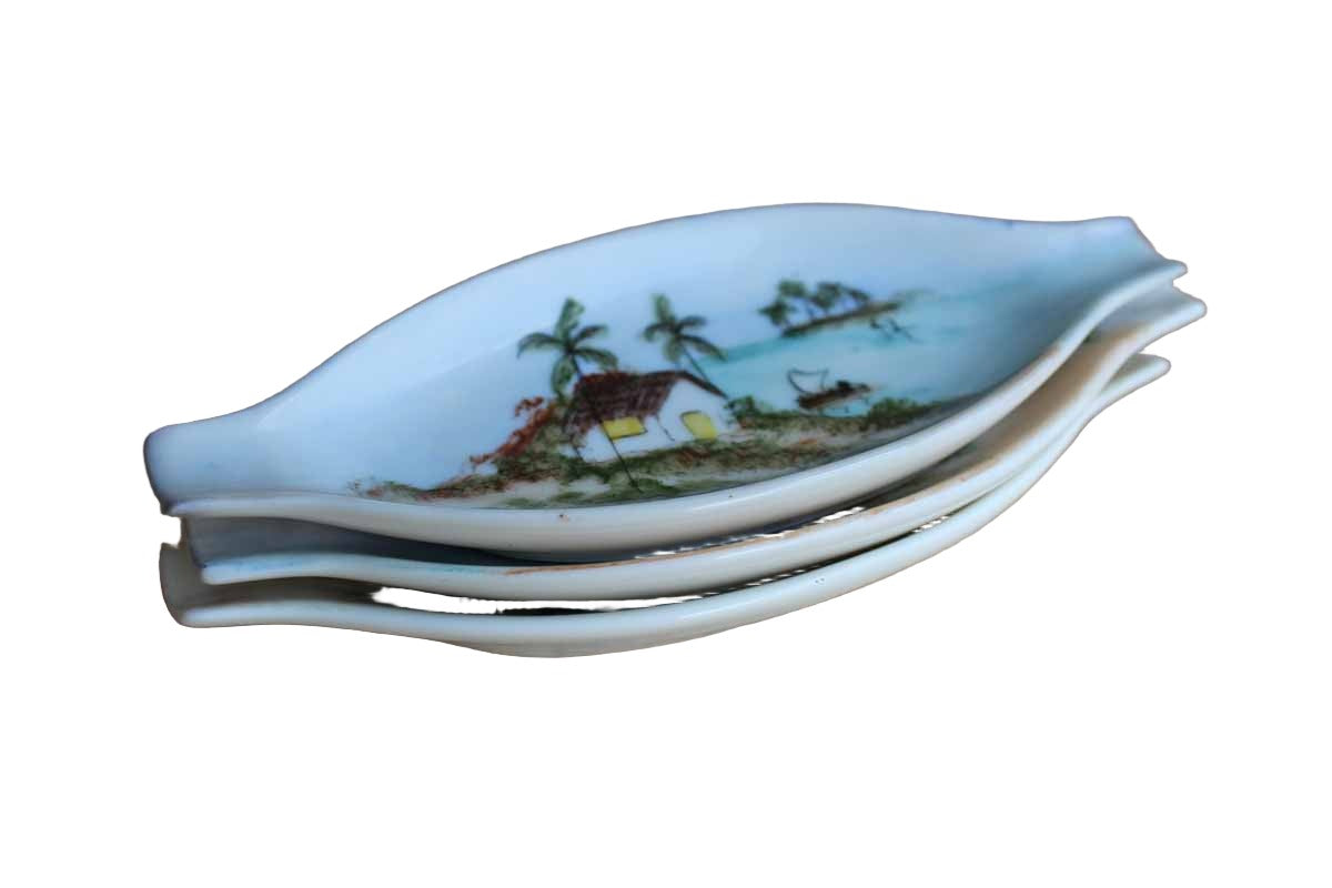 Small Ceramic Dishes with Hand Painted Tropical Scenes, Set of 3