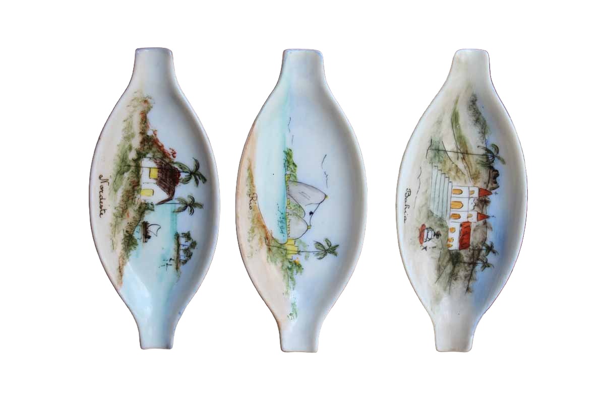Small Ceramic Dishes with Hand Painted Tropical Scenes, Set of 3