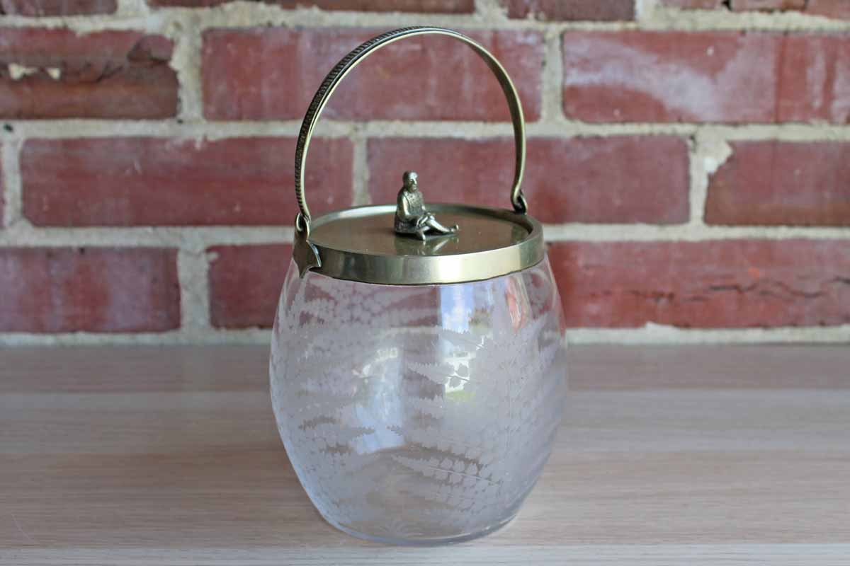 Biscuit Jar with Etched Glass and Brass Lid with Sitting Man Finial