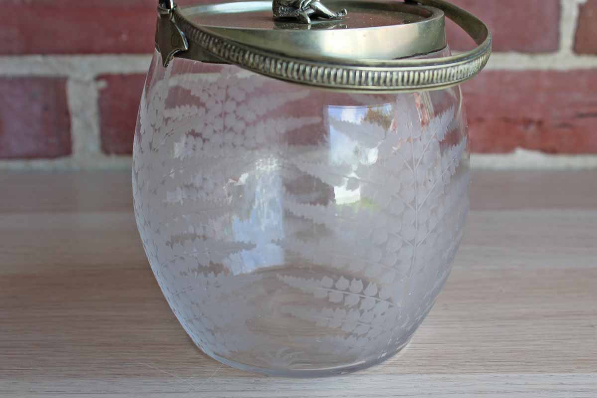 Biscuit Jar with Etched Glass and Brass Lid with Sitting Man Finial