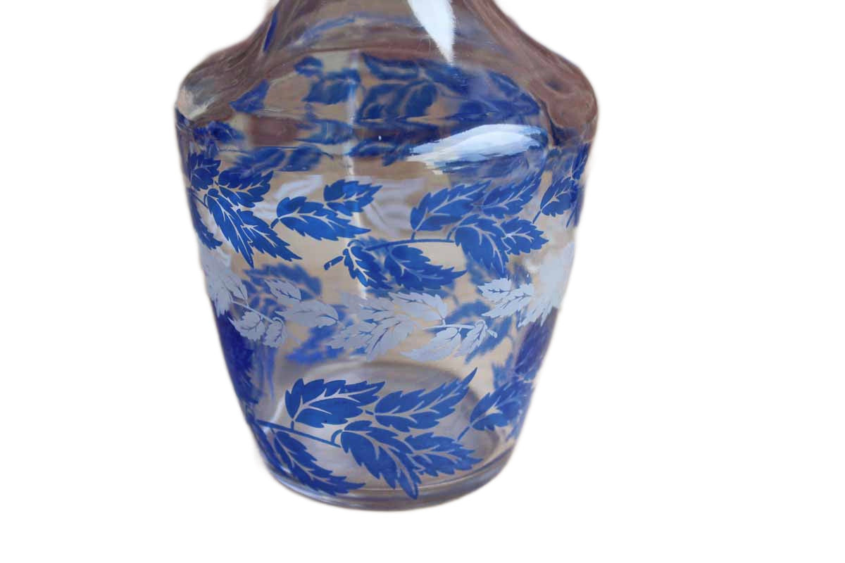 Verrerie Cristallerie D'Arques (France) Blue and White Floral Glass Decanter with Four Glasses