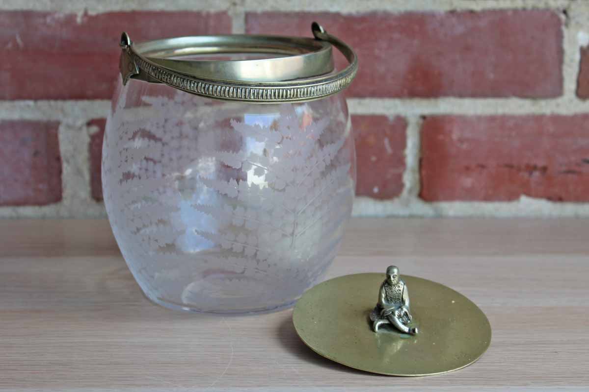 Biscuit Jar with Etched Glass and Brass Lid with Sitting Man Finial