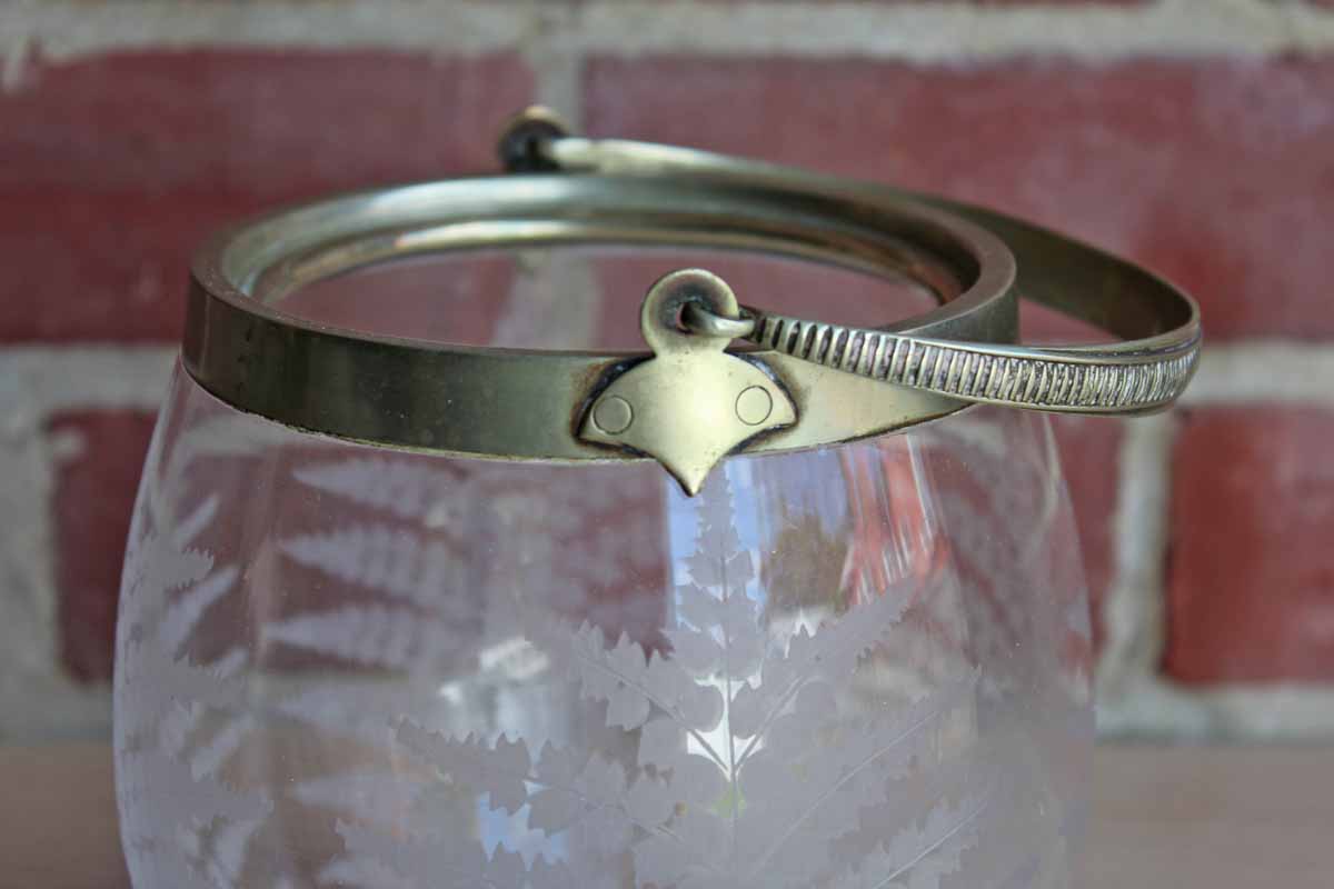 Biscuit Jar with Etched Glass and Brass Lid with Sitting Man Finial