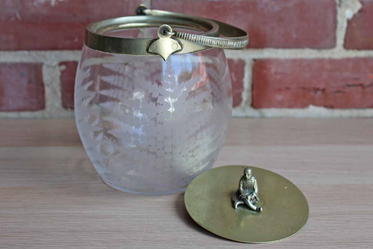 Biscuit Jar with Etched Glass and Brass Lid with Sitting Man Finial