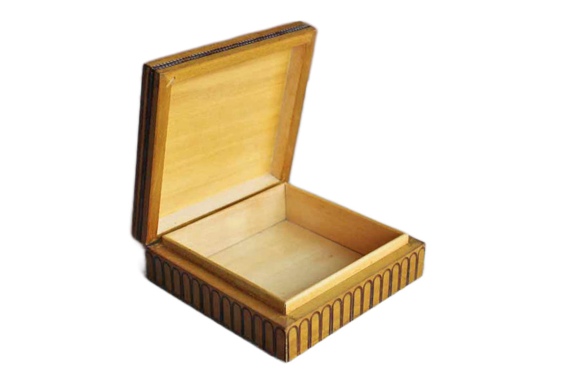 Polish Hand Carved Square Ornamental Wood and Wire Hinged Lidded Trinket Box