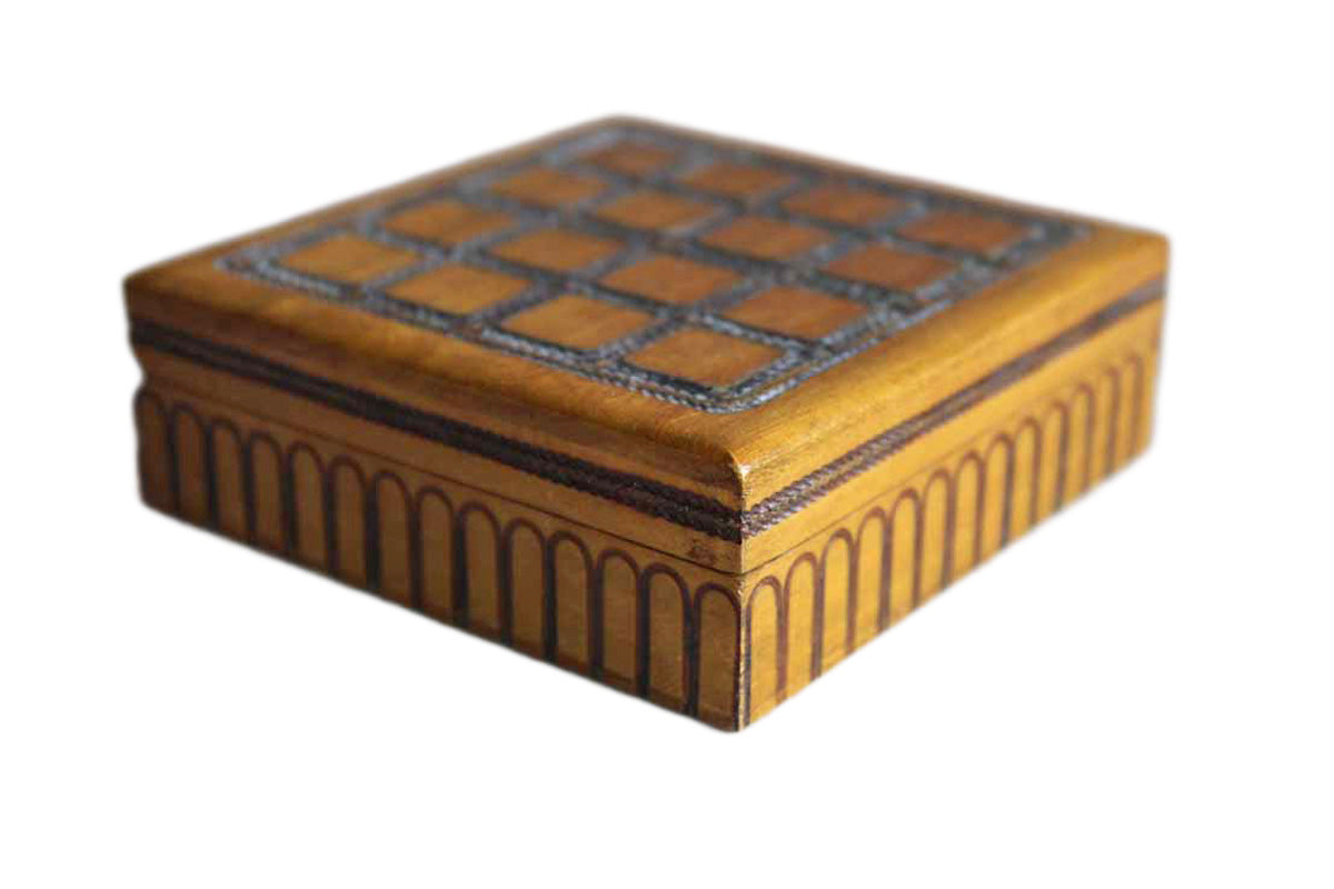 Polish Hand Carved Square Ornamental Wood and Wire Hinged Lidded Trinket Box
