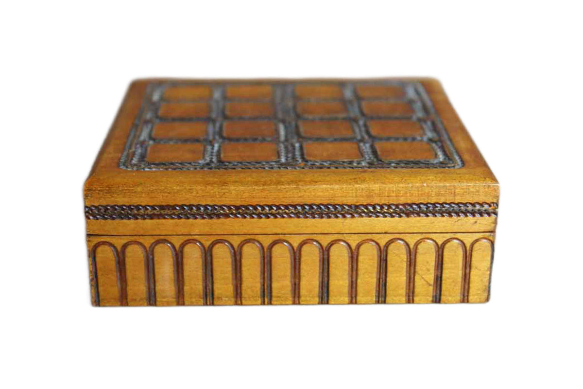 Polish Hand Carved Square Ornamental Wood and Wire Hinged Lidded Trinket Box