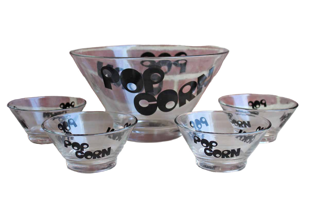 Wheaton Glass (New Jersey, USA) Black Typographic Popcorn Bowls