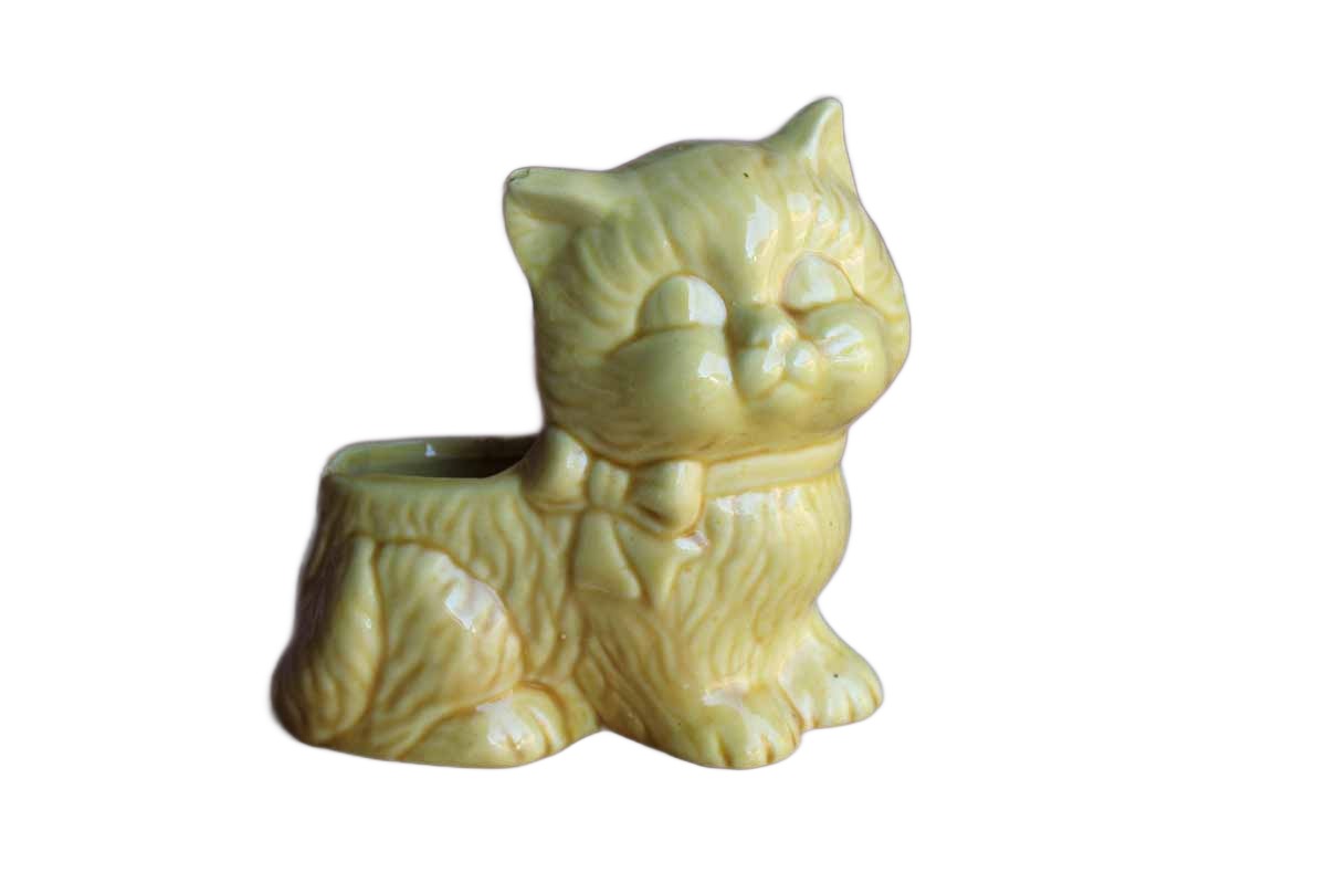 Yellow Kitten Wearing a Ribbon Ceramic Planter