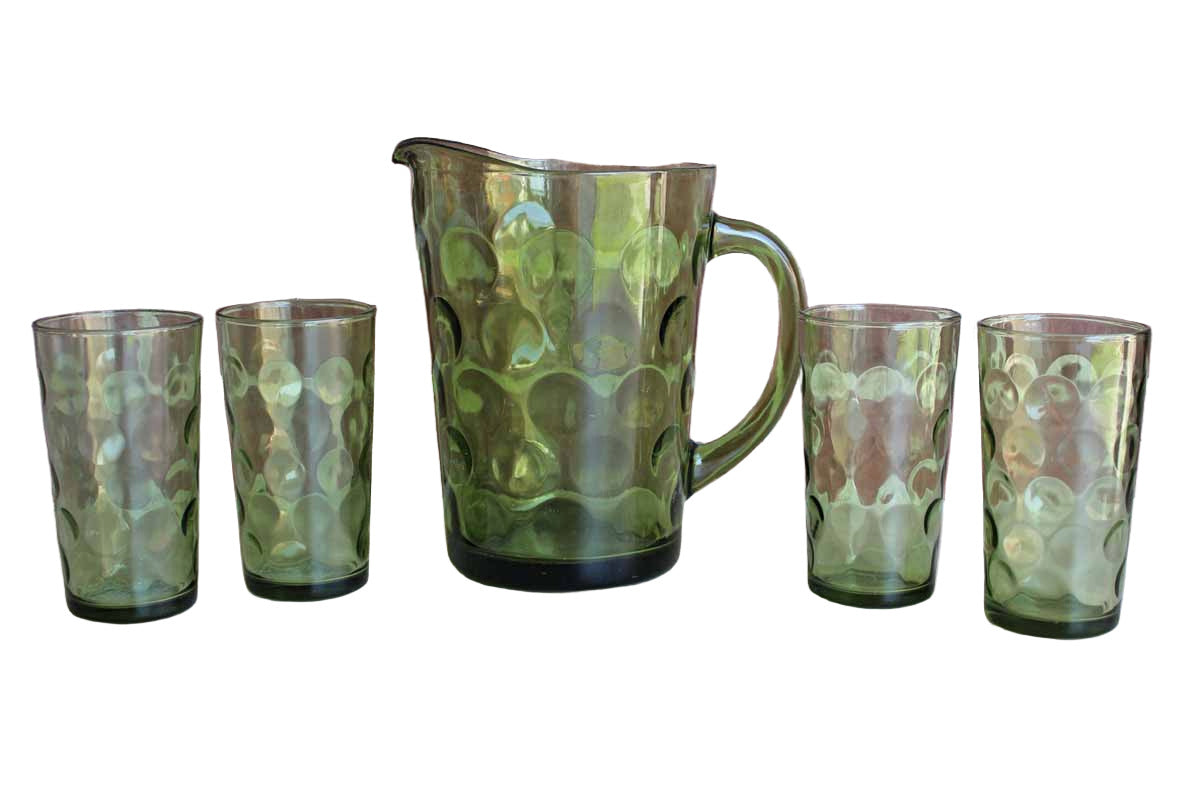 Hazel Atlas Glass Company (West Virginia, USA) Eldorado Avocado Green Pitcher and Tumbler Glasses