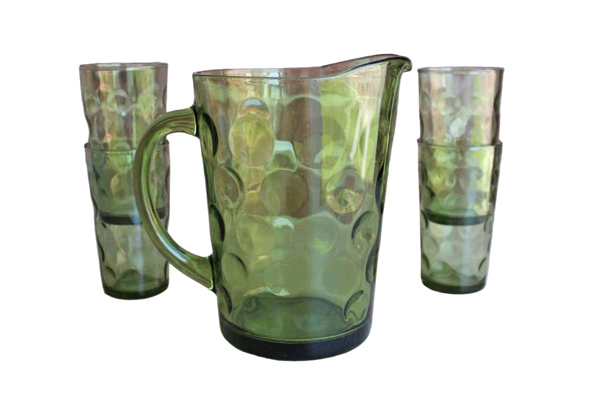 Hazel Atlas Glass Company (West Virginia, USA) Eldorado Avocado Green Pitcher and Tumbler Glasses