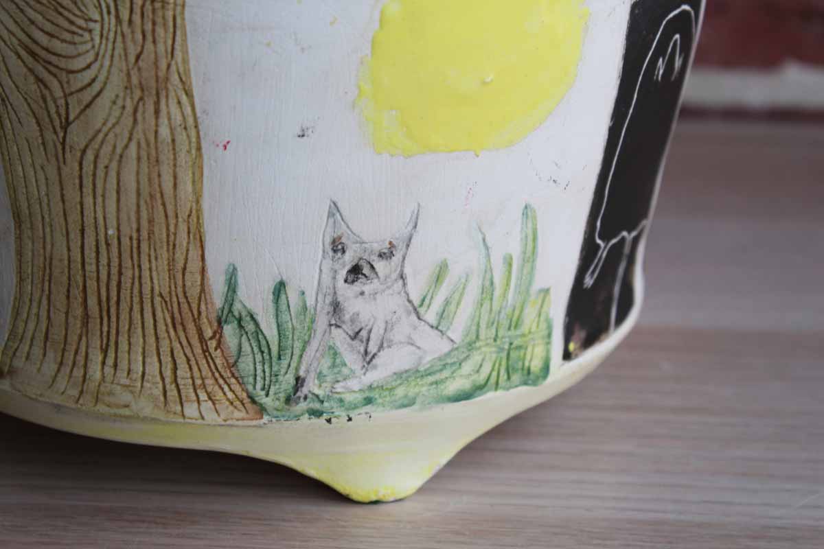Handmade Ceramic Cachepot Decorated with Colorful Primitive Nature Designs
