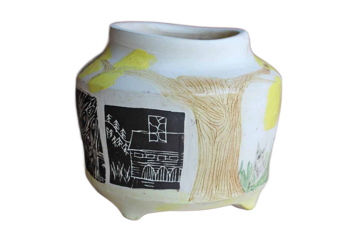 Handmade Ceramic Cachepot Decorated with Colorful Primitive Nature Designs