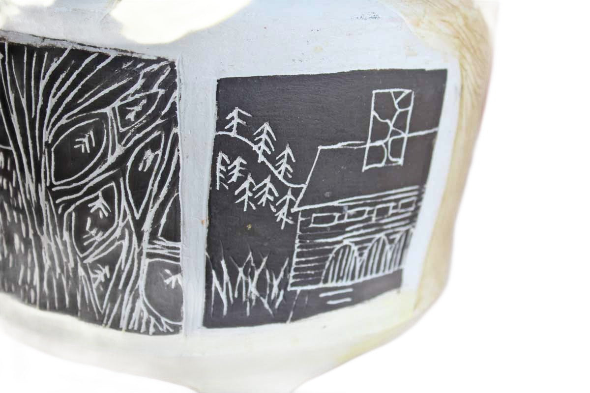 Handmade Ceramic Cachepot Decorated with Colorful Primitive Nature Designs