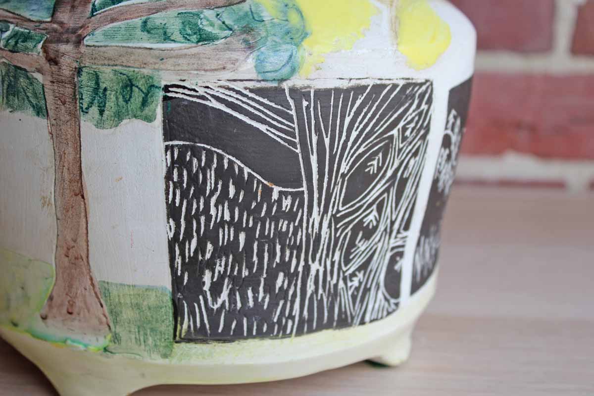Handmade Ceramic Cachepot Decorated with Colorful Primitive Nature Designs